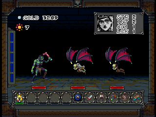 A battle screen for a video game that uses a pixel art to show a fight with a zombie and two flying skeletons.