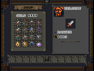 A shop screen for a video game that uses a pixel art to show items and spells that can be purchased in game.